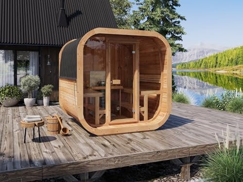 Saunamo Sauna Exterior Cube 220, diseño nórdico, 2310x2200 mm, para 6 Personas, Frente De Madeira com Porta de Vidro