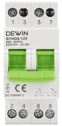 DEWIN Interruptor de transferencia de 2 polos, interruptor de transferencia manual de riel DIN interruptor de aislamiento de transferencia de potencia dual 2P 63A CA 230V