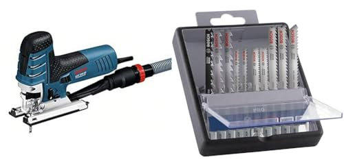 Bosch Professional Stichsäge GST 150 CE (inkl. Gleitschuh, 1x Stichsägeblatt, L-BOXX-Einlage) + 10x PRO Hardwood and Laminate Stichsägeblatt-Set (für Hartholz, Parkett, Länge 83 mm, Zubehör)