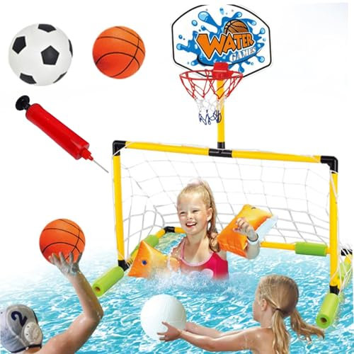 Flottant Panier De Basket Piscine,Set De Panier Flottant pour Bord De Piscine | Cadre Porte Étanche avec Pompe et Ballon de Football pour Adultes Famille