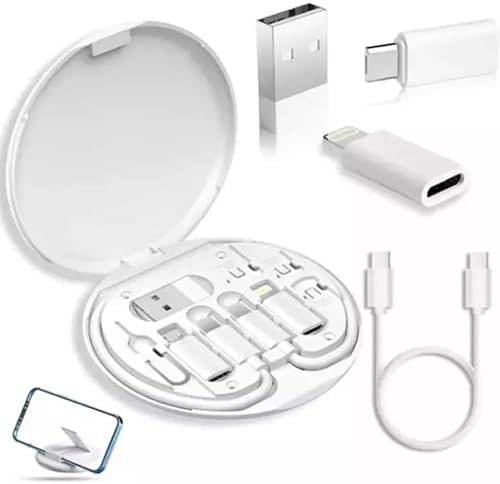Dr.Tech Multifunctional Data Cable Storage Box with USB C, Micro USB, Type-C Adapters, SIM Card Slots & Phone Stand – Portable Charging & Data Transfer Kit for iPhone 15, iPad, Android (White)