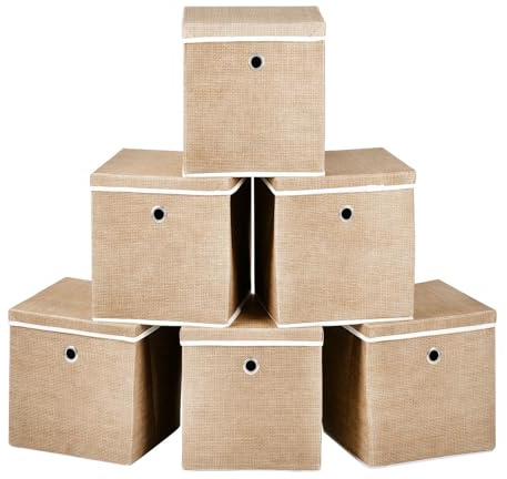 A406 Fabric Storage Boxes with Lids, Set of 4, Collapsible Cubes for Home Organisation, Foldable Cube box Available in Grey, Black, Beige, Blue (Beige, 32x32x32cm)