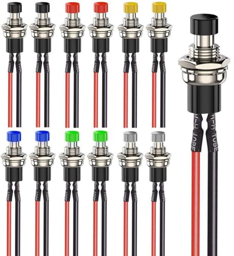 Eieenotee 12 Mini Interruptores Pulsadores Momentáneos de 7 Mm, Precableados, de Encendido/Apagado, Redondos de 2 Pines, Multivoltaje 3 V-230 V/1 A para Ferrocarril.