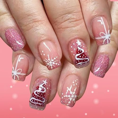 KQueenest Weihnachten Nägel Zum Aufkleben Mittel Eckig, Glitzer Rosa Press on Nails mit Weihnachtsbaum Schneeflocken, Bling Niedlich Acryl Falsche Nägel Christmas Künstliche Nägel für Frauen, 24 Stück