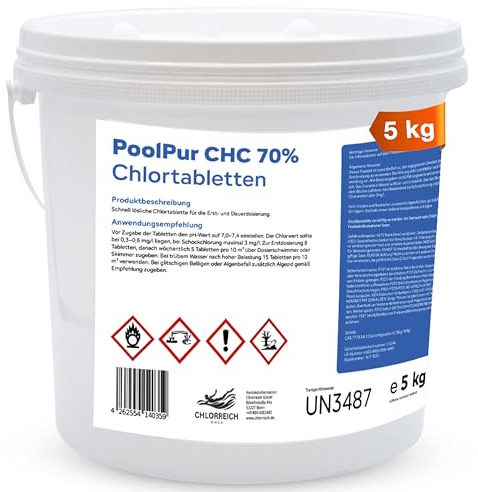 PoolPur CHC 70% Chlortabletten – Schnell lösliche Chlor Tabletten für Pool & Whirlpool – Erst- & Dauerdosierung gegen trübes Poolwasser – 5 kg