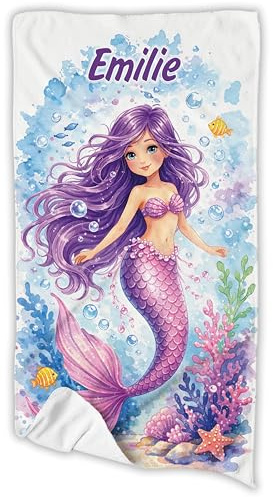Unikatolo Badetuch Handtuch Kinder mit Name personalisiert (Meerjungfrau lila, 70 x 140 cm)