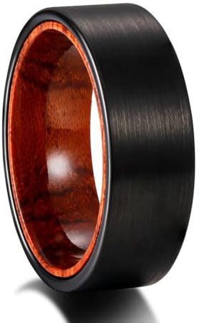 Homxi Wolframcarbid Ringe Herren, 8MM Gebürstet Rund und Holzoptik, Ring für Herren Hochzeit Schwarz Rot