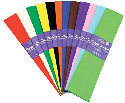 Bright Ideas Crepe Paper Sheets – Assorted Colours. Sheet Size: 50cm x 3m, Pack of 12 Folds. 17gsm, 40% Stretch, Colourfast and Acid Free. Ideal for Flower Making, Gift Wrapping and Arts & Crafts.