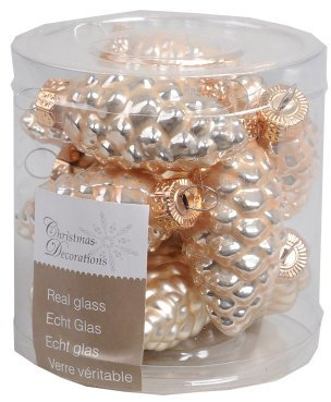 Glas-Tannenzapfen, 60 mm, glanz/matt, 12 Zapfen/Dose, Farbe: champagner