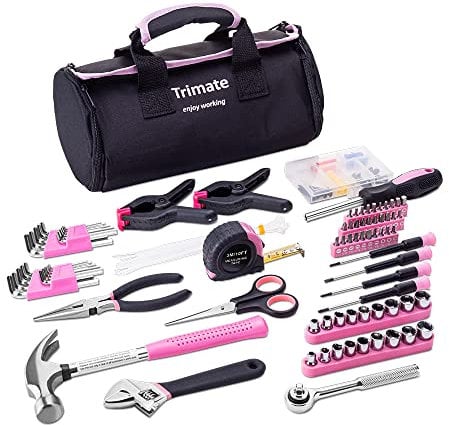 Trimate, set di utensili manuali per la casa, 86 pezzi, con borsa arrotolabile, martello, set di chiavi, set di cacciaviti, pinze, ideale per la casa o l'auto (rosa)