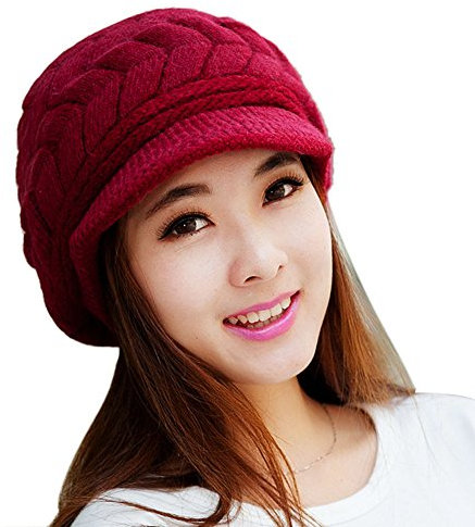 YWLINK Damen Mode Frauen Hut Winter Skullies MüTzen Gestrickt HüTe Hase Fell Kappe BommelmüTze(Einheitsgröße,Rot)