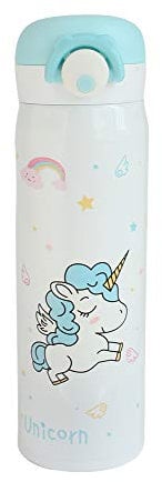 Emartbuy 500 ml Unicornio Apertura Fliptop Spring Prueba de Fugas Acero Inoxidable Vacío Aislado Frio y Calor Botella de Agua Matraz Termo Niños Linda Cool - Blanco
