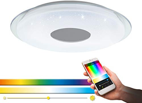 EGLO connect LED Deckenleuchte Lanciano-C, 1 flammige Wandlampe mit Kristall-Effekt, Stahl, Kunststoff, Weiß, Tansparent, Chrom, Fernbedienung, Farbtemperaturwechsel (warm–kalt), RGB, dimmbar, Ø 56 cm
