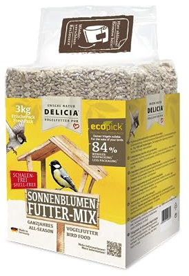 DELICIA® Vogelfutter Sonnenblumen FutterMix (3kg) · Ganzjahresfutter für Wildvögel & Gartenvögel · Im wiederverschließbaren FrischePack · Streufutter für jeden Vogel · Vogelfutter ganzjährig