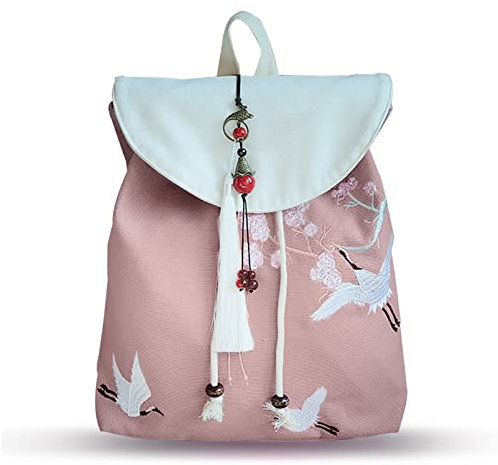 FANDARE Damen Rucksack Stickerei Rucksäcke Mädchen Ethnischer Stil Schultasche Einzigartig Daypack Hochschule Reise Einkaufen Datieren Schulranzen Dauerhaft Segeltuch Kirschblüten Kran
