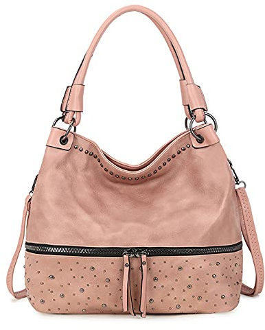 FANDARE Retro Handtaschen Damen Schultertasche Umhängetasche Frauen PU Leder Wasserdicht Tragetasche große Kapazität Niet für 12.9 Zoll Laptoptasche Crossbody Shopper Reisen Arbeitstasche Pink