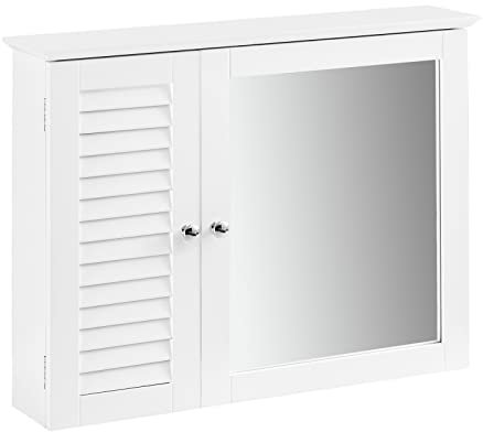 SoBuy Armoire Miroir Meuble Haut de Salle de Bain Armoire Suspendue avec Porte Miroir Commode Meuble de Rangement Mural 65x15x49 cm, BZR55-W