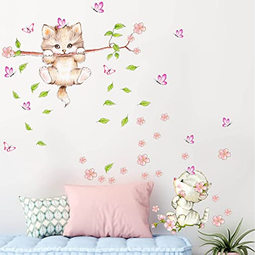 WANDKIND Katze auf dem Ast Wandtattoo V333 | handgezeichnet | AUFKLEBER Kindergarten | Wandsticker Kinderzimmer Deko Katzen Katzenbabys Katzenwelpen für das Babyzimmer (120 x 120 cm)