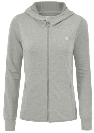 donhobo Damen Laufjacke Sportjacke Langarm Kapuzenjacke Sweatjacke für Yoga Fitness mit Daumenloch und Tasche (Silber grau, L)
