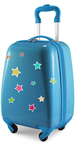 Hauptstadtkoffer - for Kids - Kindergepäck + Reflektierende Aufkleber Sterne, Kinderkoffer, Hartschalenkoffer, Reise Trolley für Kinder, Handgepäck, 24 Liter, Cyanblau