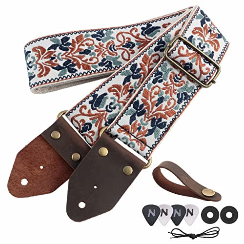 Nefelibata Gitarrengurt, 2 Jacquard-Stickerei-Baumwoll-Gitarrengurt mit Crazy-Horse-Lederenden für Bass, Elektrik und Akustik, Geschenke für Kinder, Gitarristen