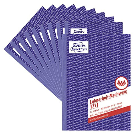 AVERY Zweckform 1771-10 Lohnarbeit-Nachweis (A5, selbstdurchschreibend, für Deutschland/Österreich, von Rechtsexperten geprüft, zur Stundenerfassung, 3x40 Blatt) 10er-Pack, weiß/gelb/rosa, Blau