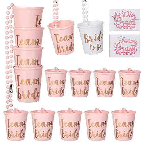 SAMSYOKI 15 Stück Team Braut Schnapsgläser mit Kette Shotgläser Jga Schnapsglas zum Umhängen Braut Schnapsglas Halskette Jga Becher für Junggesellenabschied Braut Party Hochzeit Dekoration