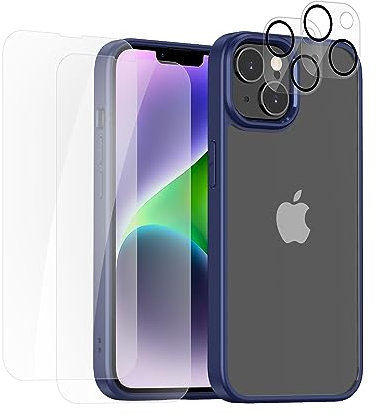 iCatchy Frosted Case for iPhone 14, Shockproof Translucent Back Anti Fingerprint Anti Scratch Phone Cover with 2 screen protector 2 camera protector (Blue)