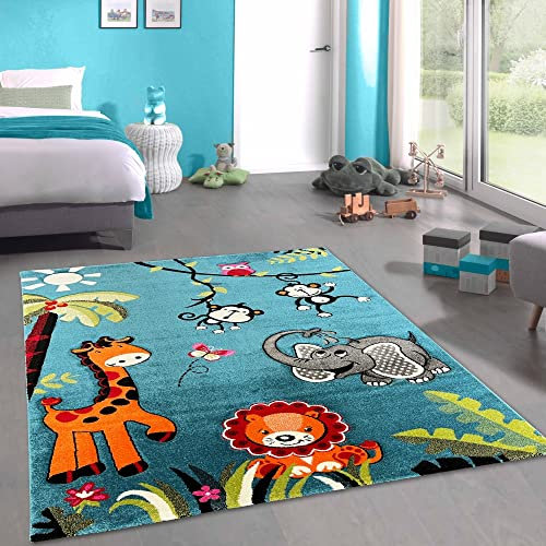 CARPETIA Zootier-Teppich für Kinderzimmer mit 3D-Effekt Konturenschnitt in blau-bunt Größe 120 x 170 cm