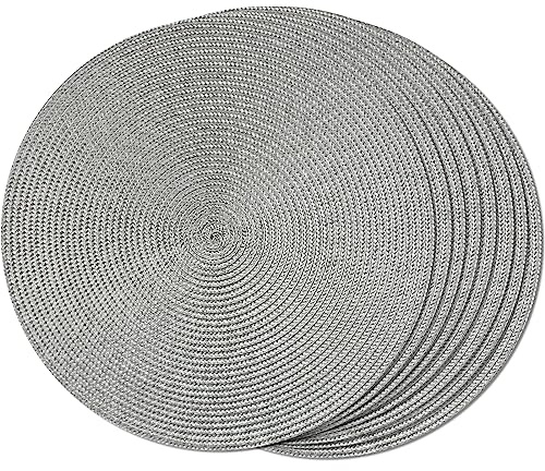 FunWheat, Set di 8 tovagliette rotonde intrecciate per tavolo da pranzo in tessuto, lavabili, antiscivolo, 38 cm (grigio, 8 pezzi)