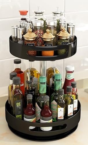 ANKINGART Lazy Susan Organizer - 2-Tier Metal Steel - Height Adjustable, Turntable Spice Rack for Pantry, Cabinet, Cupboard, Table - 2 Tier Black