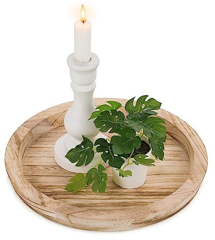 Hanobe Plateau de Service Bois: Rond Bois Brûlé Clair Decoratif Bougies Plateaux Rustique Décoratives Plats de Table Vintage Petit Plateau pour ottoman de Décoration de Cuisine