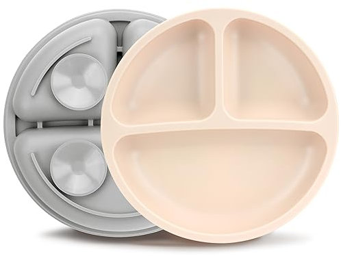 MOJINL Kinderteller mit Saugnapf Rutschfest Silikon Baby Teller BPA Frei Babyteller Kinder Tischset Babygeschirr Spülmaschinenfest für Kleinkinder 2 Stück (Grau Beige)