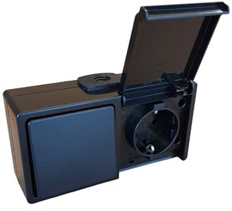 N&L Aufputz Kombination waagerecht - IP54 – Steckdose & Aus-/Wechselschalter - Ideal für Keller, Garage & Garten - Made in Germany - schwarz