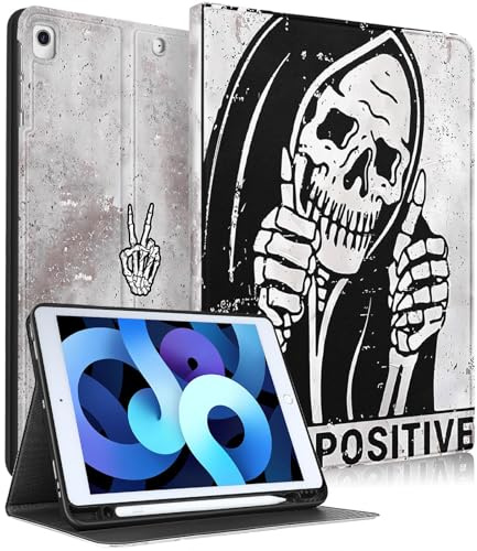 Pegmode Schutzhülle für iPad 9. / 8. / 7. Generation, niedlicher Totenkopf, Folio-Abdeckung, lustiges Skelett, Gothic, Mädchen, Jungen, Design mit Stifthalter, Smart-Cover für Apple iPad 9/8/7 Gen
