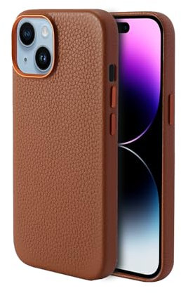 Synchro Natural Leather Case for iPhone 15 with Strong Compatible with MagSafe Magnets, Grained Leather Case for iPhone 15 6.1 inch - Brown