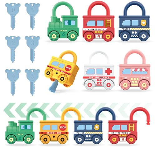 AeroGlo Montessori Lock and Key Toy, Car Modles Padlock Matching Counting Game Activities, Train Travel Toys Preschool Educational Learning Toy Travel Games for Toddlers Boys Girls