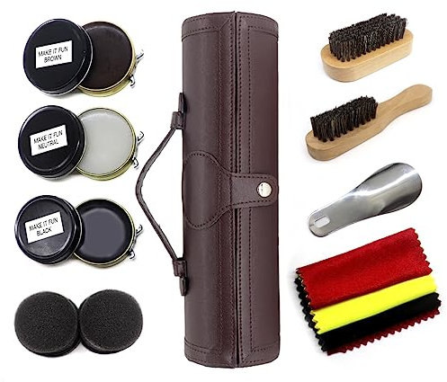 Kit d'Entretien de Chaussures 12 Pièces - Cirage Pour Cuir Avec Cire Marron et Noire, Brosses de Polissage - Compact, Marron