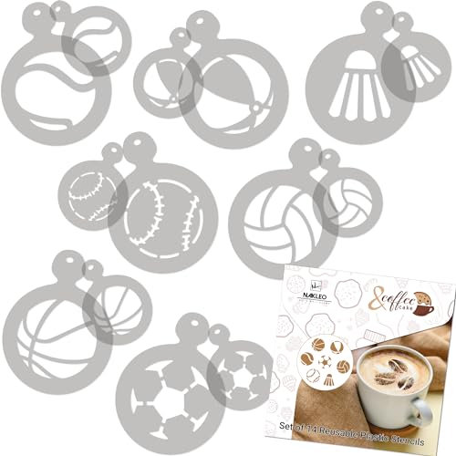 NAKLEO Kaffee Schablonen und Kekse Dekoration 14 Stück 7x7 und 11x11cm, Wiederverwendbare Plastik Backen Vorlage, Sport Fußball Bälle, DIY Kunst, Cappuccino Latte Schokolade Torten Kuchen