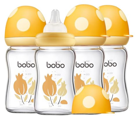 YOHKOH Natural Response Weithals-Babyflasche aus Glas, Anti-Kolik Baby Glas Flaschen mit Ultraweiches Silikon-Sauger, für Neugeborene Babys (Gelb, 160ml (4er Pack))