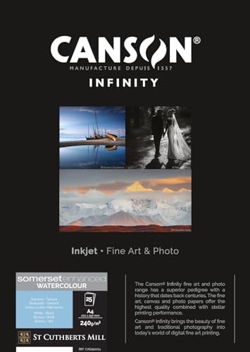 Canson Infinity Somerset Enhanced Watercolour White, digitales Fotopapier, 240 g/m², gekörnt, naturweiß, Box, DIN A4 21 x 29,7 cm, 25 Blatt