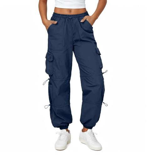 Friptspyg Cargohose Damen Leichter Trekkinghose mit Tasche Wanderhose Schnelltrocken Wasserdicht Einstellgurt Outdoor Hosen Sportlich Jogginghose, Marineblau M