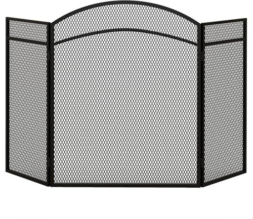 HOMCOM Schermo Parascintille per Camino Pieghevole a 3 Pannelli, Griglia per Caminetto in Metallo con Design Classico, 96x60cm, Nero
