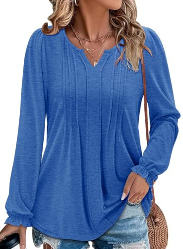 CHICZONE Women's Puff Long Sleeve Tops V Neck Pleated Casual Shirts Fashion Work Blouses Dressy A Blue