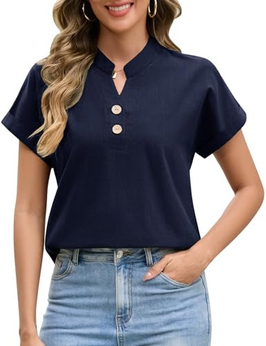 UMIPUBO Womens Blouse Summer Short Sleeve T Shirts Half Button V Neck Basic Cotton Tops Cap Sleeve Ladies Tees Shirts Solid Color Blouses Casual (Navy, M)