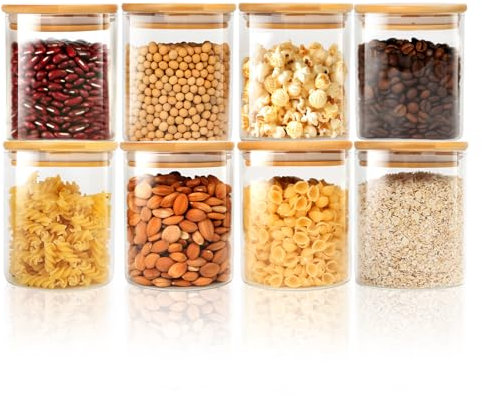 FoiiLiio Bocaux en Verre de 500 ml Lot de 8 Bocal en Verre avec Couvercle en Bambou Bocaux Rangement Cuisine en Verre, Pot en Verre, Bocal en Verre Hermétique pour Pâtes, Céréales, Haricots