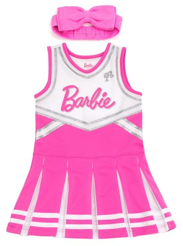 Barbie Girls Cheerleader Dress and Bow Set Toddler to Big Kid Sizes (2T - 14-16), Pink/White, 14-16