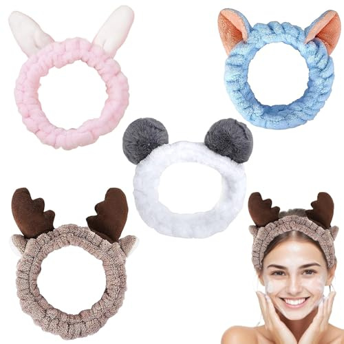 HEOUCH 4 Stück Gesicht Waschen Stirnband, Haarband Kosmetik, Abschmink Haarband, Cartoon Stirnband, Niedliches, Weiches, Elastisches, für Mädchen Frauen Sport Schönheit Hautpflege