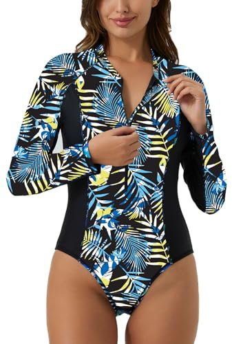 Ecupper Damen Badeanzüge Einteilige Rash Guard Langarm Reißverschluss Surfen Bademode Swimsuit mit BH Grün 42
