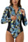 Ecupper Damen Badeanzüge Einteilige Rash Guard Langarm Reißverschluss Surfen Bademode Swimsuit mit BH Grün 42